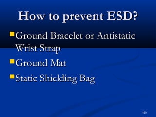 160
How to prevent ESD?How to prevent ESD?
Ground Bracelet or AntistaticGround Bracelet or Antistatic
Wrist StrapWrist Strap
Ground MatGround Mat
Static Shielding BagStatic Shielding Bag
 