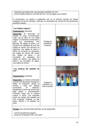 18
- ¿Pensáis que habéis sido unos grandes caballitos de mar?
- ¿Cómo habéis estado en el fondo del mar, con las algas y los corales?
A continuación, se pasará a explicarles que en el próximo período de tiempo
trabajarán de forma individual. Además, se recordarán las normas de funcionamiento
durante la sesión.
“Las Cajitas mágicas”.
Organización: Individual.
Desarrollo: El alumnado se
echará al suelo convirtiéndose
cada uno de ellos en una cajita
mágica. El maestro/a comenzará a
guiar sus movimientos. Por
ejemplo: las cajitas se abren y os
convertís en caballitos de mar, las
cajitas se cierran (los alumnos se
agachan). Las cajitas se abren y
ahora os convertís en caracolas,
las cajitas se cierran. De nuevo
las cajitas se abren y se
convierten en cangrejos, las
cajitas se cierran. Las cajitas se
abren y se convierten en algas.
Las cajitas se cierran.
Trabajar la
percepción
corporal.
“Las estatuas del caballito de
mar”.
Organización: Individual.
Desarrollo: La música comenzará
a sonar y el alumnado empezará a
bailar. El maestro/a parará la
música y cada uno deberá
convertirse en estatuas,
adoptando la forma del animal que
diga éste/a y permanecerán
inmóviles hasta que la música
vuelva a sonar. Los animales
serán los amigos del caballito de
mar (cangrejo, langosta, el pez
globo, tiburón y el caballito de
mar).
Trabajar el
equilibrio y el
tono muscular.
Parada: Una vez terminada esta fase, se les preguntará:
- ¿Os han gustado los juegos?
- ¿Cuál os ha gustado más? ¿Por qué?
 