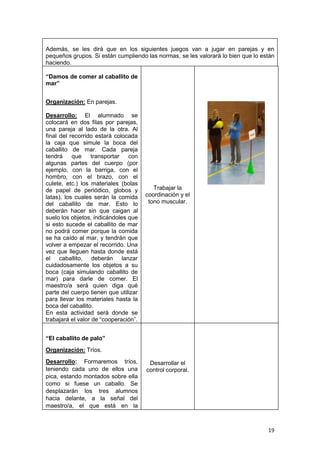 19
Además, se les dirá que en los siguientes juegos van a jugar en parejas y en
pequeños grupos. Si están cumpliendo las normas, se les valorará lo bien que lo están
haciendo.
“Damos de comer al caballito de
mar”
Organización: En parejas.
Desarrollo: El alumnado se
colocará en dos filas por parejas,
una pareja al lado de la otra. Al
final del recorrido estará colocada
la caja que simule la boca del
caballito de mar. Cada pareja
tendrá que transportar con
algunas partes del cuerpo (por
ejemplo, con la barriga, con el
hombro, con el brazo, con el
culete, etc.) los materiales (bolas
de papel de periódico, globos y
latas), los cuales serán la comida
del caballito de mar. Esto lo
deberán hacer sin que caigan al
suelo los objetos, indicándoles que
si esto sucede el caballito de mar
no podrá comer porque la comida
se ha caído al mar, y tendrán que
volver a empezar el recorrido. Una
vez que lleguen hasta donde está
el caballito, deberán lanzar
cuidadosamente los objetos a su
boca (caja simulando caballito de
mar) para darle de comer. El
maestro/a será quien diga qué
parte del cuerpo tienen que utilizar
para llevar los materiales hasta la
boca del caballito.
En esta actividad será donde se
trabajará el valor de “cooperación”.
Trabajar la
coordinación y el
tono muscular.
“El caballito de palo”
Organización: Tríos.
Desarrollo: Formaremos tríos,
teniendo cada uno de ellos una
pica, estando montados sobre ella
como si fuese un caballo. Se
desplazarán los tres alumnos
hacia delante, a la señal del
maestro/a, el que está en la
Desarrollar el
control corporal.
 