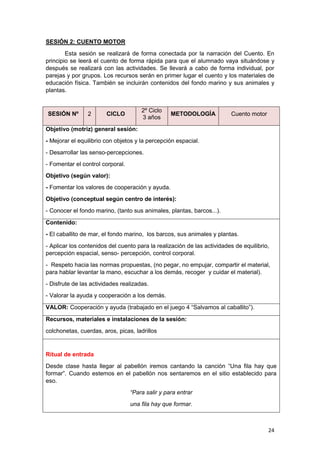 24
SESIÓN 2: CUENTO MOTOR
Esta sesión se realizará de forma conectada por la narración del Cuento. En
principio se leerá el cuento de forma rápida para que el alumnado vaya situándose y
después se realizará con las actividades. Se llevará a cabo de forma individual, por
parejas y por grupos. Los recursos serán en primer lugar el cuento y los materiales de
educación física. También se incluirán contenidos del fondo marino y sus animales y
plantas.
SESIÓN Nº 2 CICLO
2º Ciclo
3 años
METODOLOGÍA Cuento motor
Objetivo (motriz) general sesión:
- Mejorar el equilibrio con objetos y la percepción espacial.
- Desarrollar las senso-percepciones.
- Fomentar el control corporal.
Objetivo (según valor):
- Fomentar los valores de cooperación y ayuda.
Objetivo (conceptual según centro de interés):
- Conocer el fondo marino, (tanto sus animales, plantas, barcos...).
Contenido:
- El caballito de mar, el fondo marino, los barcos, sus animales y plantas.
- Aplicar los contenidos del cuento para la realización de las actividades de equilibrio,
percepción espacial, senso- percepción, control corporal.
- Respeto hacia las normas propuestas, (no pegar, no empujar, compartir el material,
para hablar levantar la mano, escuchar a los demás, recoger y cuidar el material).
- Disfrute de las actividades realizadas.
- Valorar la ayuda y cooperación a los demás.
VALOR: Cooperación y ayuda (trabajado en el juego 4 “Salvamos al caballito”).
Recursos, materiales e instalaciones de la sesión:
colchonetas, cuerdas, aros, picas, ladrillos
Ritual de entrada
Desde clase hasta llegar al pabellón iremos cantando la canción “Una fila hay que
formar”. Cuando estemos en el pabellón nos sentaremos en el sitio establecido para
eso.
“Para salir y para entrar
una fila hay que formar.
 