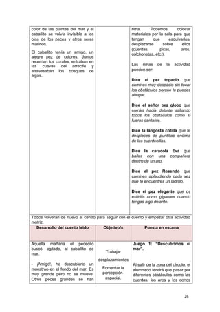 26
color de las plantas del mar y el
caballito se volvía invisible a los
ojos de los peces y otros seres
marinos.
El caballito tenía un amigo, un
alegre pez de colores. Juntos
recorrían los corales, entraban en
las cuevas del arrecife y
atravesaban los bosques de
algas.
rima. Podemos colocar
materiales por la sala para que
tengan que esquivarlos/
desplazarse sobre ellos
(cuerdas, picas, aros,
colchonetas, etc.).
Las rimas de la actividad
pueden ser:
Dice el pez topacio que
camines muy despacio sin tocar
los obstáculos porque te puedes
ahogar.
Dice el señor pez globo que
corráis hacia delante saltando
todos los obstáculos como si
fueras cantante.
Dice la langosta cotilla que te
desplaces de puntillas encima
de las cuerdecillas.
Dice la caracola Eva que
bailes con una compañera
dentro de un aro.
Dice el pez Rosendo que
camines aplaudiendo cada vez
que te encuentres un ladrillo.
Dice el pez elegante que os
estiréis como gigantes cuando
tengas algo delante.
Todos volverán de nuevo al centro para seguir con el cuento y empezar otra actividad
motriz.
Desarrollo del cuento leído Objetivo/s Puesta en escena
Aquella mañana el pececito
buscó, agitado, al caballito de
mar.
- ¡Amigo!, he descubierto un
monstruo en el fondo del mar. Es
muy grande pero no se mueve.
Otros peces grandes se han
Trabajar
desplazamientos
Fomentar la
percepción-
espacial.
Juego 1: “Descubrimos el
mar”.
Al salir de la zona del círculo, el
alumnado tendrá que pasar por
diferentes obstáculos como las
cuerdas, los aros y los conos
 