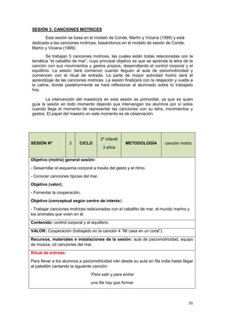 31
SESIÓN 3: CANCIONES MOTRICES
Esta sesión se basa en el modelo de Conde, Martín y Viciana (1999) y está
dedicada a las canciones motrices, basándonos en el modelo de sesión de Conde,
Martín y Viciana (1999).
Se trabajan 5 canciones motrices, las cuales están todas relacionadas con la
temática “el caballito de mar”, cuyo principal objetivo es que se aprenda la letra de la
canción con sus movimientos y gestos propios, desarrollando el control corporal y el
equilibrio. La sesión dará comienzo cuando lleguen al aula de psicomotricidad y
comiencen con el ritual de entrada. La parte de mayor actividad motriz será el
aprendizaje de las canciones motrices. La sesión finalizará con la relajación y vuelta a
la calma, donde posteriormente se hará reflexionar al alumnado sobre lo trabajado
hoy.
La intervención del maestro/a en esta sesión es primordial, ya que es quien
guía la sesión en todo momento dejando que intervengan los alumnos por sí solos
cuando llega el momento de representar las canciones con su letra, movimientos y
gestos. El papel del maestro en este momento es de observación.
SESIÓN Nº 3 CICLO
2º infantil
3 años
METODOLOGÍA canción motriz
Objetivo (motriz) general sesión:
- Desarrollar el esquema corporal a través del gesto y el ritmo.
- Conocer canciones típicas del mar.
Objetivo (valor):
- Fomentar la cooperación.
Objetivo (conceptual según centro de interés):
- Trabajar canciones motrices relacionadas con el caballito de mar, el mundo marino y
los animales que viven en él.
Contenido: control corporal y el equilibrio.
VALOR: Cooperación (trabajado en la canción 4 “Mi casa en un coral”).
Recursos, materiales e instalaciones de la sesión: aula de psicomotricidad, equipo
de música, cd canciones del mar.
Ritual de entrada:
Para llevar a los alumnos a psicomotricidad irán desde su aula en fila india hasta llegar
al pabellón cantando la siguiente canción:
“Para salir y para entrar
una fila hay que formar
 