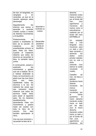 33
de mar, en langostas, en
cangrejos y en
caracolas, ya que en la
canción aparecen estos
personajes.
Seguidamente, les
diremos que vamos a
aprender a controlar
nuestro cuerpo a través
de distintos movimientos
y el equilibrio.
Posteriormente, se
pasará a enseñarles la
letra de la canción. El
maestro/a irá
enseñándoles primero la
letra, frase por frase.
Cuando el maestro/a
observe que todos los
alumnos ya recuerdan la
letra, la cantarán todos
juntos.
A continuación, pasará a
explicarle los
movimientos y gestos
que van a realizar. Se va
a realizar diciéndole la
frase y el movimiento y el
gesto que hay que hacer
para esa frase,
repitiéndola todos los
alumnos a la vez. Se
realizará las veces que
sea necesario hasta
observar que todos los
alumnos están listos
para pasar al siguiente
paso. Se irá haciendo
paulatinamente,
aprendiendo frase con
movimientos y gestos
hasta así acabar con
toda la letra de la
canción. Con esto
también aprenderán el
ritmo.
Una vez que conozcan y
recuerden la letra de la
Aprender a
controlar su
cuerpo.
Desarrollar
paulatina-
mente el
equilibrio.
derecha
haciendo ondas
hacia un lado) y
por el fondo del
mar… (nos
agachamos y
movemos las
manos como si
estuviéramos
nadando por el
fondo del mar)
ESTRIBILLO
Un cangrejo
viejo y una
langosta (nos
movemos para
un lado y otro
lado cerrando y
abriendo los
dedos como
pinzas) saludan
con su cola a
doña
caracola… (nos
damos la vuelta
moviendo el
culete).
Caballito de
mar, me lleva a
galopar
(andamos hacia
delante
moviendo las
manos
haciendo
montañas), por
el viento
(juntamos la
mano derecha
haciendo ondas
hacia un lado
por las olas
(con la mano
derecha
haciendo ondas
hacia un lado y
por el fondo de
mar…(nos
agachamos y
movemos las
 