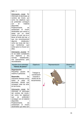 46
lado…).
Información inicial: Se
informará al alumnado el
nombre del rincón, así
como los objetivos que
se pretenden conseguir
con el material
disponible.
Posteriormente, se
ambientará el rincón
diciéndoles que vamos a
pasar por un túnel
marino, el cual, nos va a
llevar al fondo del mar, y
que nos encontraremos
algunos obstáculos,
como las rocas del mar,
que tendremos que
evitar para no chocar con
ellas.
Información durante: Si
no se están cumpliendo
los objetivos y las
normas establecidas,
nos acercaremos para
recordárselos.
Nombre de la actividad:
“Vamos de pesca”
Objetivo/s Representación Observacio-
nes
Organización:
Pequeños grupos de
máximo 5 personas.
Desarrollo: Se
colocarán diversos conos
sobre la pista. El
alumnado, tendrá que
conseguir colar los aros
en los conos.
Información inicial: Se
informará al alumnado
del nombre del rincón,
así como los objetivos
que se pretenden
conseguir con el material
disponible.
Posteriormente, se
ambientará el rincón
diciéndoles que ellos son
Trabajar la
coordinación
corporal a
través de los
lanzamientos.
 