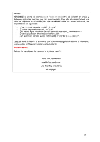 50
papeles.
Verbalización: Como ya estamos en el Rincón de encuentro, se sentarán en círculo y
dialogarán sobre las vivencias que han experimentado. Para ello, el maestro/a hará una
serie de preguntas al alumnado para que reflexionen sobre las tareas realizadas, las
preguntas son las siguientes:
- ¿Qué rincón os ha gustado más? ¿Por qué?
- ¿Cuál os ha gustado menos? ¿Por qué?
- ¿Ha habido algún rincón que os haya parecido más fácil? ¿Y el más difícil?
- ¿Habéis jugado con diferentes compañeros/as?
- ¿En qué rincón pensáis que se ha trabajado el valor de la cooperación?
Después de la asamblea, el maestro/a y el alumnado recogerán el material y, finalmente,
se dispondrán en fila para trasladarse al aula infantil.
Ritual de salida:
Salimos del pabellón en fila cantando la siguiente canción:
“Para salir y para entrar
una fila hay que formar.
Uno delante y otro detrás,
sin empujar”.
 