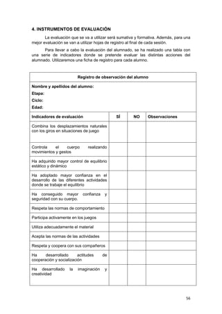 56
4. INSTRUMENTOS DE EVALUACIÓN
La evaluación que se va a utilizar será sumativa y formativa. Además, para una
mejor evaluación se van a utilizar hojas de registro al final de cada sesión.
Para llevar a cabo la evaluación del alumnado, se ha realizado una tabla con
una serie de indicadores donde se pretende evaluar las distintas acciones del
alumnado. Utilizaremos una ficha de registro para cada alumno.
Registro de observación del alumno
Nombre y apellidos del alumno:
Etapa:
Ciclo:
Edad:
Indicadores de evaluación SÍ NO Observaciones
Combina los desplazamientos naturales
con los giros en situaciones de juego
Controla el cuerpo realizando
movimientos y gestos
Ha adquirido mayor control de equilibrio
estático y dinámico
Ha adoptado mayor confianza en el
desarrollo de las diferentes actividades
donde se trabaje el equilibrio
Ha conseguido mayor confianza y
seguridad con su cuerpo.
Respeta las normas de comportamiento
Participa activamente en los juegos
Utiliza adecuadamente el material
Acepta las normas de las actividades
Respeta y coopera con sus compañeros
Ha desarrollado actitudes de
cooperación y socialización
Ha desarrollado la imaginación y
creatividad
 
