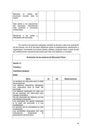 58
Mantiene el interés del
alumnado durante toda la
sesión.
Está atento a las actuaciones
del alumnado, interviniendo
ante conflictos o conductas
inadecuadas.
Responde a las dudas y
dificultades del alumnado.
En cuanto a las sesiones realizadas, también se llevará a cabo una evaluación
de las mismas, con el fin de poder reflexionar sobre su planteamiento, planificación y
organización, conociendo sus puntos fuertes y débiles, pudiendo hacer a partir de ella
las modificaciones necesarias para adecuarla más a los objetivos a conseguir.
Evaluación de las sesiones de Educación Física
Sesión nº:
Temática:
Habilidad trabajada:
Edad:
Ítems Sí No Observaciones
La temática es adecuada para la edad
de los alumnos.
Los objetivos específicos planteados
son adecuados para la edad del
alumnado.
Los objetivos planteados en cada una
de las sesiones son adecuados para
trabajar la temática.
Se han alcanzado los objetivos con las
actividades propuestas.
Las actividades han estado adaptadas
a la edad del alumnado y a sus
posibilidades.
La duración de las actividades ha sido
la adecuada.
Las actividades propuestas han sido
motivadoras, propiciando la
participación del alumnado.
 