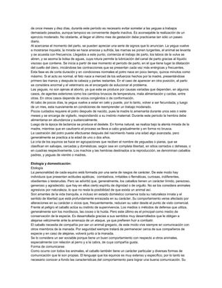 de once meses y diez días, durante este período es necesario evitar someter a las yeguas a trabajos
demasiado pesados, aunque tampoco es conveniente dejarla inactiva. Es aconsejable la realización de un
ejercicio moderado. No obstante, al llegar el último mes de gestación debe practicarse tan sólo un paseo
diario.
Al acercarse el momento del parto, se pueden apreciar una serie de signos que lo anuncian. La yegua vuelve
a mostrarse inquieta, la mirada se hace ansiosa y sufrida, las mamas se ponen turgentes, el animal se levanta
y se acuesta con frecuencia. Llegados a este punto, comienza el trabajo de parto, los labios de la vulva se
abren, y se asoma la bolsa de aguas, cuya rotura permite la lubricación del canal de parto gracias al líquido
viscoso que contiene. Se inicia a partir de ese momento el período de parto, en el que tiene lugar la dilatación
del cuello del útero, iniciándose las contracciones que se presentan cada vez más enérgicas y frecuentes.
Esta fase es de corta duración y en condiciones normales el potro nace en poco tiempo, quince minutos como
máximo. Si el acto es normal, el feto nace a merced de los esfuerzos hechos por la madre, presentándose
primero las manos y después la cabeza y partes restantes. En el caso de aparecer en otra posición, el parto
se considera anormal y el veterinario es el encargado de solucionar el problema.
Las yeguas, no son ajenas al aborto, ya que este se produce por causas variadas que dependen, en algunos
casos, de agentes exteriores como los cambios bruscos de temperatura, mala alimentación y caídas, entre
otras. En otros casos depende de vicios congénitos o de conformación.
Al cabo de pocos días, la yegua vuelve a estar en celo y puede, por lo tanto, volver a ser fecundada; y luego
de un mes, esta nuevamente en condiciones de reemprender un trabajo moderado.
Pocos cuidados requiere el potro después de nacido, pues la madre lo amamanta durante unos seis o siete
meses y se encarga de vigilarlo, respondiendo a su instinto maternal. Durante este período la hembra debe
alimentarse en abundancia y sustancialmente.
Luego de la época de lactancia se produce el destete. En forma natural, se realiza bajo la atenta mirada de la
madre, mientras que en cautiverio el proceso se lleva a cabo gradualmente y en forma no brusca.
La castración del potro puede efectuarse después del nacimiento hasta una edad algo avanzada, pero
generalmente se practica a la edad de uno o dos años.
La cría de los equinos se hace en agrupaciones que reciben el nombre de yeguadas o piaras, que se
clasifican en salvajes, cercadas y domésticas, según sea en completa libertad, en sitios cerrados o dehesas, o
en cuadras respectivamente. Los machos y las hembras destinados a la reproducción, se denominan caballos
padres, y yeguas de vientre o madres.
Etología y domesticación:
Etología
La personalidad de cada equino está formada por una serie de rasgos de carácter. De este modo hay
individuos que presentan actitudes apáticas, combativos, irritables o flemáticas, curiosas, indiferentes,
obedientes o testarudas. Pero se advirtió que, generalmente, los caballos tienen un carácter tímido, perezoso,
generoso y agradecido; que hay en ellos cierto espíritu de dignidad o de orgullo. No se los considera animales
agresivos por naturaleza, lo que no resta la posibilidad de que exista un animal así.
Son amantes de la vida tranquila, e incluso en estado doméstico conserva toda su naturaleza innata y el
sentido de libertad que está profundamente enraizada en su carácter. Su comportamiento verse afectado por
alteraciones en su carácter o vicios que, frecuentemente, reducen su valor desde el punto de visto comercial.
Frente al peligro el caballo actúa su instinto de supervivencia. Los medios o métodos de defensa que utiliza,
generalmente son los mordiscos, las coces o la huida. Pero este último es el principal como medio de
conservación de la especie. Es desarrollada gracias a sus sentidos muy desarrollados que le obligan a
alejarse velozmente ante la amenaza de un ataque, ya que prefieren huir a combatir.
El caballo necesita de compañía por ser un animal gregario, de este modo vive siempre en comunicación con
otros miembros de la manada. Por seguridad siempre tratará de permanecer cerca de sus compañeros de
especie y en caso de alejarse, volverá junto a la manada.
Se lo considera un ser sociable porque tiene un buen comportamiento con respecto a otros animales,
especialmente con relación al perro y a la cabra, de cuya compañía gusta.
Forma de comunicarse:
Como ocurre con todos los animales, el caballo también tiene un carácter particular y diversas formas de
comunicación que le son propias. El lenguaje que los equinos es muy extenso y específico, por lo tanto es
necesario conocer a fondo las características del comportamiento para lograr una buena comunicación. Su

 