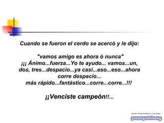 Cuando se fueron el cerdo se acercó y le dijo: "vamos amigo es ahora ó nunca" ¡¡¡ Ánimo...fuerza...Yo te ayudo... vamos...un, dos, tres...despacio...ya casi...eso...eso...ahora corre despacio... más rápido...fantástico...corre...corre...!!!  ¡¡Venciste campeón !!... 