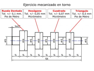 Ejercicio mecanizado en torno
Rueda Dentada         Hexágono            Cuadrado          Triangulo
Tol. +/- 0,1 mm.   Tol. +/- 0,05 mm   Tol. +/- 0,07 mm   Tol. +/- 0,5 mm
  Pie de Metro        Micrómetro         Micrómetro        Pie de Metro
 