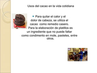 Usos del cacao en la vida cotidiana


        Para  quitar el calor y el
      dolor de cabeza, se utiliza el
     cacao como remedio casero.
   Para la elaboración de platillos es
   un ingrediente que no puede faltar
como condimento en mole, pasteles, entre
                   otros.
 