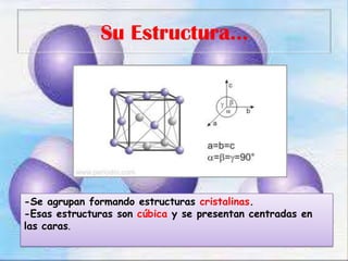 Su Estructura…-Se agrupan formando estructuras cristalinas.-Esas estructuras son cúbica y se presentan centradas en las caras.