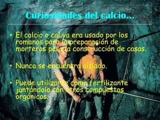 Curiosidades del calcio…El calcio o cal ya era usado por los romanos para la preparación de morteros para la construcción de casas.Nunca se encuentra aislado.Puede utilizarse como fertilizante juntándolo con otros compuestos orgánicos.