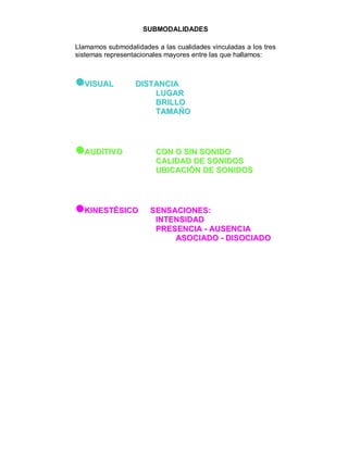 SUBMODALIDADES 
Llamamos submodalidades a las cualidades vinculadas a los tres 
sistemas representacionales mayores entre las que hallamos: 
!VISUAL DISTANCIA 
LUGAR 
BRILLO 
TAMAÑO 
!AUDITIVO CON O SIN SONIDO 
CALIDAD DE SONIDOS 
UBICACIÓN DE SONIDOS 
!KINESTÉSICO SENSACIONES: 
INTENSIDAD 
PRESENCIA - AUSENCIA 
ASOCIADO - DISOCIADO 
 