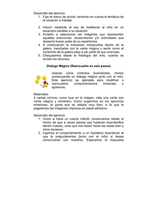 Desarrollo del ejercicio: 
1. Fijar el marco de acción, teniendo en cuenta la temática de 
la situación a trabajar 
2. Inducir mediante el uso de metáforas al niño en un 
escenario paralelo a su situación 
3. Invitarlo a seleccionar las imágenes que representen 
aquellas emociones, situacindones y/o actividades que 
desearía fueran parte de su experiencia 
4. A continuación le indicamos introducirlas dentro de la 
galera, mezclarlas con la varita mágica y sentir como el 
contenido de la galera pasa a ser parte de sus vivencias. 
5. Chequeamos desde la fisiología del niño, cuando se 
anclan los recursos 
Dialogo Mágico (Reencuadre en seis pasos) 
Usando como símbolos duendecitos, iremos 
construyendo un diálogo mágico junto con el niño. 
Este ejercicio es aplicable para modificar o 
reencuadrar comportamientos limitantes o 
agresivos. 
Materiales: 
4 caritas mínimo, como luce en la imágen, más una carita con 
varita mágica y sombrero. Cómo sugerimos en los ejercicios 
anteriores, la goma eva se adapta muy bien, a la que le 
pegaremos las imágenes impresas en papel adhesivo. 
Desarrollo del ejercicio: 
1. Como si fuera un cuento infantil, comenzamos relatar el 
hecho de que a veces parece que hubieran duendecillos 
dentro nuestro, unos que nos hacen hacer las cosas bien y 
otros traviesos. 
2. Ligamos el comportamiento a un hipotético duendecito al 
que le preguntaremos (junto con el niño) si desea 
comunicarse con nosotros. Esperamos la respuesta 
 