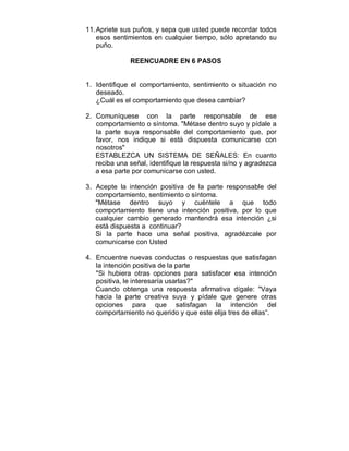11. Apriete sus puños, y sepa que usted puede recordar todos 
esos sentimientos en cualquier tiempo, sólo apretando su 
puño. 
REENCUADRE EN 6 PASOS 
1. Identifique el comportamiento, sentimiento o situación no 
deseado. 
¿Cuál es el comportamiento que desea cambiar? 
2. Comuníquese con la parte responsable de ese 
comportamiento o síntoma. "Métase dentro suyo y pídale a 
la parte suya responsable del comportamiento que, por 
favor, nos indique si está dispuesta comunicarse con 
nosotros" 
ESTABLEZCA UN SISTEMA DE SEÑALES: En cuanto 
reciba una señal, identifique la respuesta si/no y agradezca 
a esa parte por comunicarse con usted. 
3. Acepte la intención positiva de la parte responsable del 
comportamiento, sentimiento o síntoma. 
"Métase dentro suyo y cuéntele a que todo 
comportamiento tiene una intención positiva, por lo que 
cualquier cambio generado mantendrá esa intención ¿si 
está dispuesta a continuar? 
Si la parte hace una señal positiva, agradézcale por 
comunicarse con Usted 
4. Encuentre nuevas conductas o respuestas que satisfagan 
la intención positiva de la parte 
"Si hubiera otras opciones para satisfacer esa intención 
positiva, le interesaría usarlas?" 
Cuando obtenga una respuesta afirmativa dígale: "Vaya 
hacia la parte creativa suya y pídale que genere otras 
opciones para que satisfagan la intención del 
comportamiento no querido y que este elija tres de ellas”. 
 