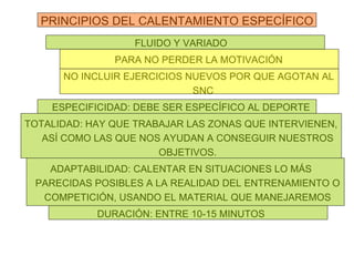 PRINCIPIOS DEL CALENTAMIENTO ESPECÍFICO FLUIDO Y VARIADO PARA NO PERDER LA MOTIVACIÓN NO INCLUIR EJERCICIOS NUEVOS POR QUE AGOTAN AL SNC ESPECIFICIDAD: DEBE SER ESPECÍFICO AL DEPORTE TOTALIDAD: HAY QUE TRABAJAR LAS ZONAS QUE INTERVIENEN, ASÍ COMO LAS QUE NOS AYUDAN A CONSEGUIR NUESTROS OBJETIVOS. ADAPTABILIDAD: CALENTAR EN SITUACIONES LO MÁS PARECIDAS POSIBLES A LA REALIDAD DEL ENTRENAMIENTO O COMPETICIÓN, USANDO EL MATERIAL QUE MANEJAREMOS DURACIÓN: ENTRE 10-15 MINUTOS 