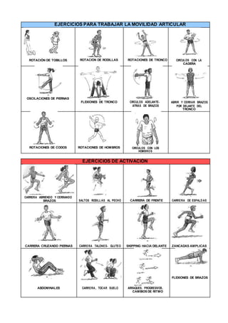 EJERCICIOS PARA TRABAJAR LA MOVILIDAD ARTICULAR
ROTACIÓN DE TOBILLOS ROTACIÓN DE RODILLAS ROTACIONES DE TRONCO CIRCULOS CON LA
CADERA
OSCILACIONES DE PIERNAS
FLEXIONES DE TRONCO CIRCULOS ADELANTE-
ATRÁS DE BRAZOS
ABRIR Y CERRAR BRAZOS
POR DELANTE DEL
TRONCO
ROTACIONES DE CODOS ROTACIONES DE HOMBROS CIRCULOS CON LOS
HOMBROS
EJERCICIOS DE ACTIVACIÓN
CARRERA ABRIENDO Y CERRANDO
BRAZOS SALTOS RODILLAS AL PECHO CARRERA DE FRENTE CARRERA DE ESPALDAS
CARRERA CRUZANDO PIERNAS CARRERA TALONES- GLUTEO SKIPPING HACIA DELANTE ZANCADAS AMPLICAS
ABDOMINALES CARRERA, TOCAR SUELO ARRAQUES, PROGRESIVOS,
CAMBIOS DE RITMO
FLEXIONES DE BRAZOS
 