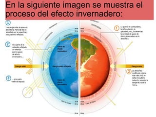 En la siguiente imagen se muestra el proceso del efecto invernadero: 