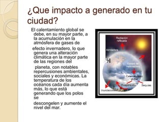 ¿Que impacto a generado en tu ciudad?  El calentamiento global se debe, en su mayor parte, a la acumulación en la atmósfera de gases de   efecto invernadero, lo que genera una alteración climática en la mayor parte de las regiones del     planeta, con notables repercusiones ambientales, sociales y económicas. La temperatura de los océanos cada día aumenta más, lo que está generando que los polos se    descongelen y aumente el nivel del mar.