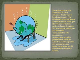 Este calentamiento ha Reducido las áreas cubiertas de nieve en el hemisferio norte, y Ha ocasionado que muchos de los témpanos de  hielo que flotaban en el Océano Ártico se hayan derretido. Recientemente también se ha Observado cómo, debido a este aumento en temperatura, grandes porciones de Hielo de Antártica se han separado del resto de la masa polar, reduciendo así. El tamaño del continente helado.
