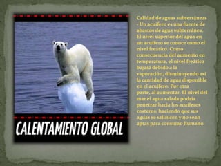 Calidad de aguas subterráneas - Un acuífero es una fuente de abastos de agua subterránea. El nivel superior del agua en un acuífero se conoce como el nivel freático. Como consecuencia del aumento en temperatura, el nivel freático bajará debido a la  vaporación, disminuyendo así la cantidad de agua disponible en el acuífero. Por otra parte, al aumentar. El nivel del mar el agua salada podría penetrar hacia los acuíferos costeros, haciendo que sus aguas se salinicen y no sean aptas para consumo humano.