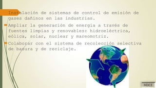 Instalación de sistemas de control de emisión de
gases dañinos en las industrias.

Ampliar la generación de energía a través de
fuentes limpias y renovables: hidroeléctrica,
eólica, solar, nuclear y mareomotriz.
Colaborar con el sistema de recolección selectiva
de basura y de reciclaje.

 