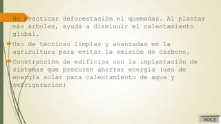 No practicar deforestación ni quemadas. Al plantar
más árboles, ayuda a disminuir el calentamiento
global.
Uso de técnicas limpias y avanzadas en la
agricultura para evitar la emisión de carbono.
Construcción de edificios con la implantación de
sistemas que procuren ahorrar energía (uso de
energía solar para calentamiento de agua y
refrigeración)

 