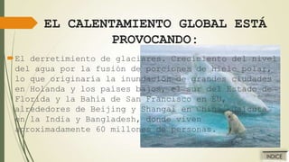 EL CALENTAMIENTO GLOBAL ESTÁ
PROVOCANDO:
El derretimiento de glaciares. Crecimiento del nivel
del agua por la fusión de porciones de hielo polar,
lo que originaría la inundación de grandes ciudades
en Holanda y los países bajos, el sur del Estado de
Florida y la Bahía de San Francisco en EU,
alrededores de Beijing y Shangai en China, Calcuta
en la India y Bangladesh, donde viven
aproximadamente 60 millones de personas.

 