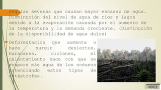 Sequías severas que causan mayor escasez de agua.
Disminución del nivel de agua de ríos y lagos
debido a la evaporación causada por el aumento de
la temperatura y la demanda creciente. (Disminución
de la disponibilidad de agua dulce)
Deforestación que aumenta o
hace
surgir
desiertos.
Huracanes,
ciclones,
el
calentamiento hace con que se
evapore más agua de los océanos
potenciando
estos
tipos
de
catástrofes.

 