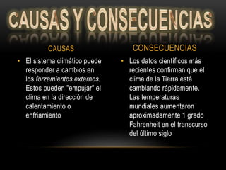 • Los datos científicos más
recientes confirman que el
clima de la Tierra está
cambiando rápidamente.
Las temperaturas
mundiales aumentaron
aproximadamente 1 grado
Fahrenheit en el transcurso
del último siglo
• El sistema climático puede
responder a cambios en
los forzamientos externos.
Estos pueden "empujar" el
clima en la dirección de
calentamiento o
enfriamiento
CAUSAS CONSECUENCIAS
 