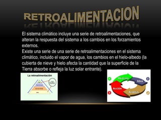 El sistema climático incluye una serie de retroalimentaciones, que
alteran la respuesta del sistema a los cambios en los forzamientos
externos.
Existe una serie de una serie de retroalimentaciones en el sistema
climático, incluido el vapor de agua, los cambios en el hielo-albedo (la
cubierta de nieve y hielo afecta la cantidad que la superficie de la
Tierra absorbe o refleja la luz solar entrante).
 