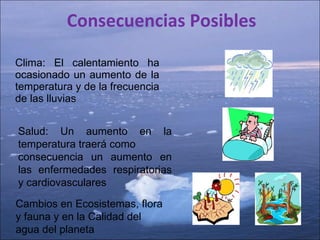 Consecuencias Posibles Clima: El calentamiento ha ocasionado un aumento de la temperatura y de la frecuencia de las lluvias Salud: Un aumento en la temperatura traerá como consecuencia un aumento en las enfermedades respiratorias y cardiovasculares Cambios en Ecosistemas, flora y fauna y en la Calidad del agua del planeta 