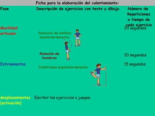 Ficha para la elaboración del calentamiento:
Fase Descripción de ejercicios con texto y dibujo Número de
Repeticiones
o tiempo de
cada ejercicio
Movilidad
articular
20 segundos
20 segundos
Estiramientos 15 segundos
desplazamientos
(activación)
Escribir los ejercicios o juegos.
Rotación de tobillos
izquierda-derecha.
Cuádriceps izquierda-derecha.
Rotación de
hombros
 