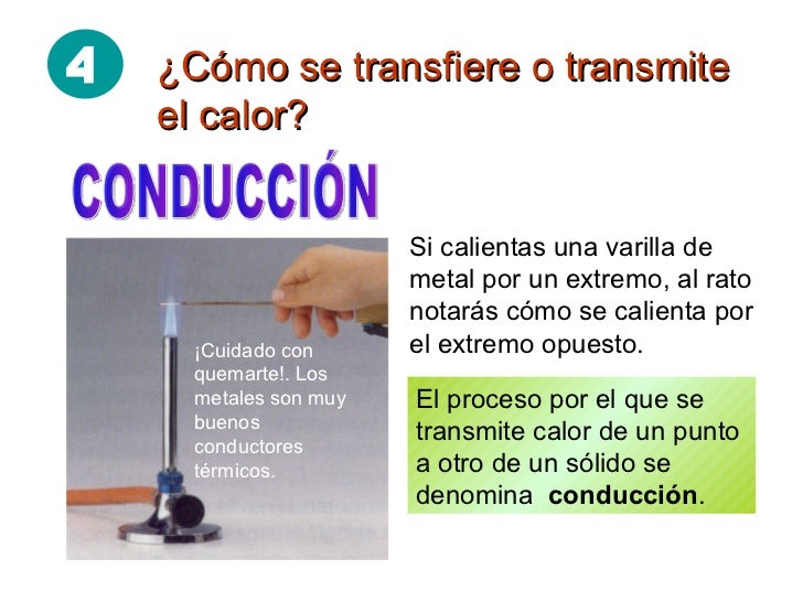 Â¿CÃ³mo se transfiere o transmite el calor? CONDUCCIÃ“N Si calientas una varilla de metal por un extremo, al rato notarÃ¡s cÃ³m...