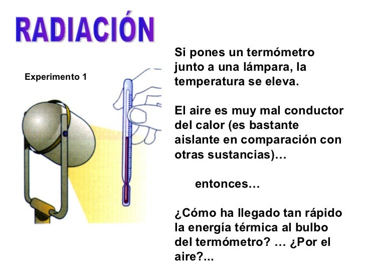 RADIACIÃ“N Si pones un termÃ³metro junto a una lÃ¡mpara, la temperatura se eleva. El aire es muy mal conductor del calor (es ...
