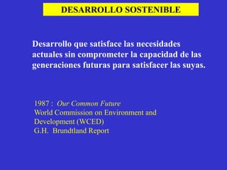 DESARROLLO SOSTENIBLE


Desarrollo que satisface las necesidades
actuales sin comprometer la capacidad de las
generaciones futuras para satisfacer las suyas.



1987 : Our Common Future
World Commission on Environment and
Development (WCED)
G.H. Brundtland Report
 