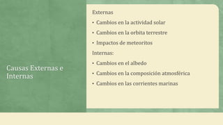 Externas
                    • Cambios en la actividad solar

                    • Cambios en la orbita terrestre

                    • Impactos de meteoritos

                    Internas:
                    • Cambios en el albedo
Causas Externas e
                    • Cambios en la composición atmosférica
Internas
                    • Cambios en las corrientes marinas
 