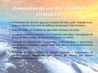 Consecuencias del cambio
climático
 Crecimiento del nivel de agua por la fusión del hielo polar, dejando zonas
costeras (dónde viven unos 60 millones de personas) bajo el mismo.
 Intrusión salina en acuíferos de agua dulce cercanos a la costa.
 La región tropical se extenderá hacia latitudes más altas, y las regiones de
bosques y pinos hacia regiones que hoy forman la tundra.
 Aumento de enfermedades respiratorias, cardiovasculares e infeccionsas
causadas por mosquitos y plagas tropicales, además de la deshidratación
debida al calor.
 Extinción de gran cantidad de especies animales a consecuencia de
cambios en los ecosistemas (por ejemplo los corales, que forman
ecosistemas de enorme valor).
 