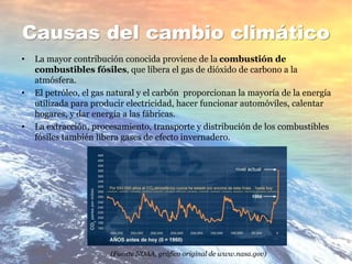Causas del cambio climático
• La mayor contribución conocida proviene de la combustión de
combustibles fósiles, que libera el gas de dióxido de carbono a la
atmósfera.
• El petróleo, el gas natural y el carbón proporcionan la mayoría de la energía
utilizada para producir electricidad, hacer funcionar automóviles, calentar
hogares, y dar energía a las fábricas.
• La extracción, procesamiento, transporte y distribución de los combustibles
fósiles también libera gases de efecto invernadero.
(Fuente NOAA, gráfico original de www.nasa.gov)
 