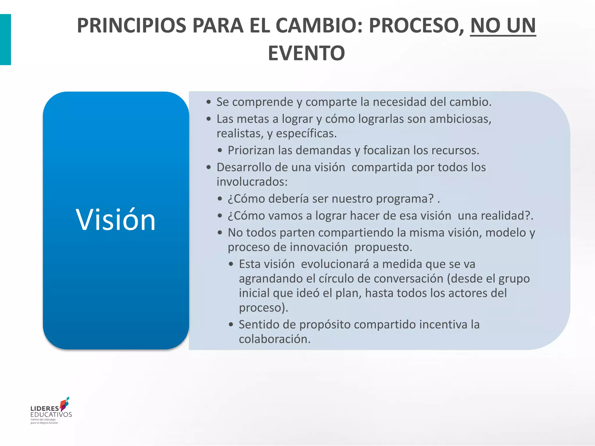 • Se comprende y comparte la necesidad del cambio.
• Las metas a lograr y cómo lograrlas son ambiciosas,
realistas, y específicas.
• Priorizan las demandas y focalizan los recursos.
• Desarrollo de una visión compartida por todos los
involucrados:
• ¿Cómo debería ser nuestro programa? .
• ¿Cómo vamos a lograr hacer de esa visión una realidad?.
• No todos parten compartiendo la misma visión, modelo y
proceso de innovación propuesto.
• Esta visión evolucionará a medida que se va
agrandando el círculo de conversación (desde el grupo
inicial que ideó el plan, hasta todos los actores del
proceso).
• Sentido de propósito compartido incentiva la
colaboración.
Visión
PRINCIPIOS PARA EL CAMBIO: PROCESO, NO UN
EVENTO
 