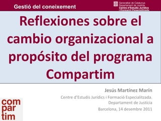 Reflexiones sobre el
cambio organizacional a
propósito del programa
      Compartim
                                Jesús Martínez Marín
        Centre d’Estudis Jurídics i Formació Especialitzada.
                                    Departament de Justícia
                             Barcelona, 14 desembre 2011
 