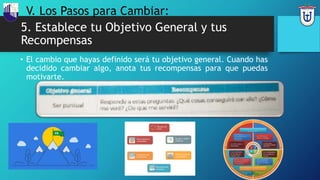 5. Establece tu Objetivo General y tus
Recompensas
• El cambio que hayas definido será tu objetivo general. Cuando has
decidido cambiar algo, anota tus recompensas para que puedas
motivarte.
V. Los Pasos para Cambiar:
 