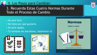 3. Recuerda Estas Cuatro Normas Durante
Todo el Proceso de Cambio
• No será fácil.
• No tiene por qué gustarte.
• No será rápido.
• Tú tomarás las decisiones. Solamente tú.
V. Los Pasos para Cambiar:
 