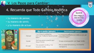 4. Recuerda que Todo Cambio Modifica
• tu manera de pensar,
• tu manera de sentir,
• y tu manera de actuar.
V. Los Pasos para Cambiar:
 