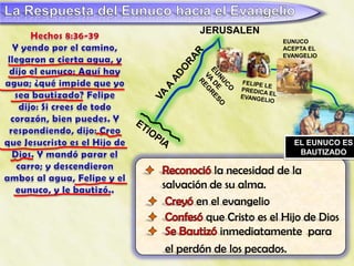 JERUSALEN
                          EUNUCO
                          ACEPTA EL
                          EVANGELIO




                             EL EUNUCO ES
                              BAUTIZADO

            la necesidad de la
salvación de su alma.
        en el evangelio
          que Cristo es el Hijo de Dios
             inmediatamente para
 el perdón de los pecados.
 