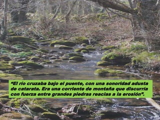 “El río cruzaba bajo el puente, con una sonoridad adusta de catarata. Era una corriente de montaña que discurría con fuerza entre grandes piedras reacias a la erosión”.