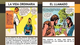 LA VIDA ORDINARIA
En la mayoría de las historias heroicas, nos
encontramos con el héroe en su vida ordinaria,
sin estar directamente involucrado en lo que
luego será su camino. (Ej: Frodo en la comarca,
Clark Kent en la granja de sus padres, David en
EL LLAMADO
Este momento es clave, todo héroe es
confrontado con una realidad más allá de su
cotidianeidad.
 
