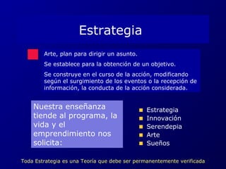 Estrategia 
Arte, plan para dirigir un asunto. 
Se establece para la obtención de un objetivo. 
Se construye en el curso de la acción, modificando 
según el surgimiento de los eventos o la recepción de 
información, la conducta de la acción considerada. 
Estrategia 
Innovación 
Serendepia 
Arte 
Sueños 
Nuestra enseñanza 
tiende al programa, la 
vida y el 
emprendimiento nos 
solicita: 
Toda Estrategia es una Teoría que debe ser permanentemente verificada 
 