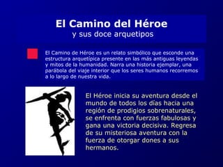 El Camino del Héroe 
y sus doce arquetipos 
El Camino de Héroe es un relato simbólico que esconde una 
estructura arquetípica presente en las más antiguas leyendas 
y mitos de la humanidad. Narra una historia ejemplar, una 
parábola del viaje interior que los seres humanos recorremos 
a lo largo de nuestra vida. 
SU ES ENC I A 
O r gan ismob i o–cult u ral q uec o mun ica 
r epre sen tación de suj eto . 
L a pue sta e n esc ena de un ord en sim ból ic o, q ue 
gene r a u n disc urso de id enti dad q ue la iden tif ica . 
L ugar e s vir tuales que no e xiste n má s al á de la 
per c epci ón qu e de el a ti ene un ob serv ador. 
El Héroe inicia su aventura desde el 
mundo de todos los días hacia una 
región de prodigios sobrenaturales, 
se enfrenta con fuerzas fabulosas y 
gana una victoria decisiva. Regresa 
de su misteriosa aventura con la 
fuerza de otorgar dones a sus 
hermanos. 
 